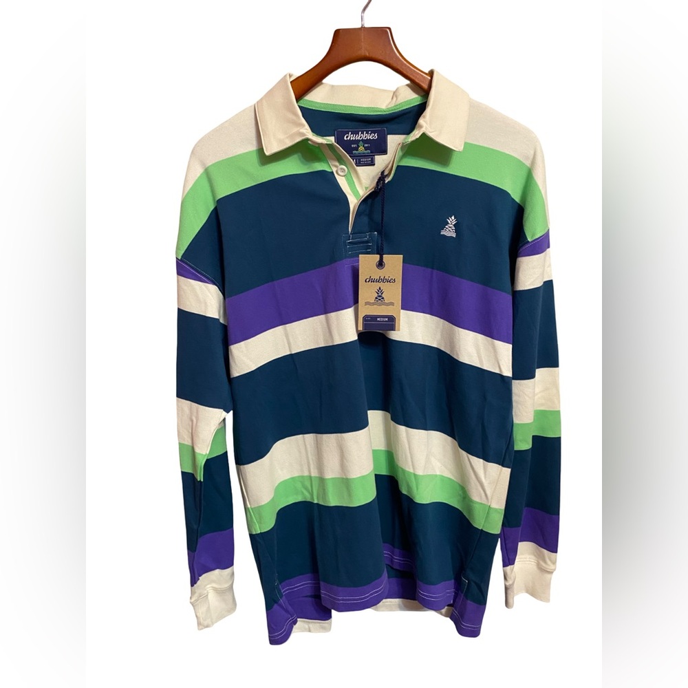 Chubbies‎ The Blocked Legacy Rugby Polo Striped Teal Purple Mens Medium